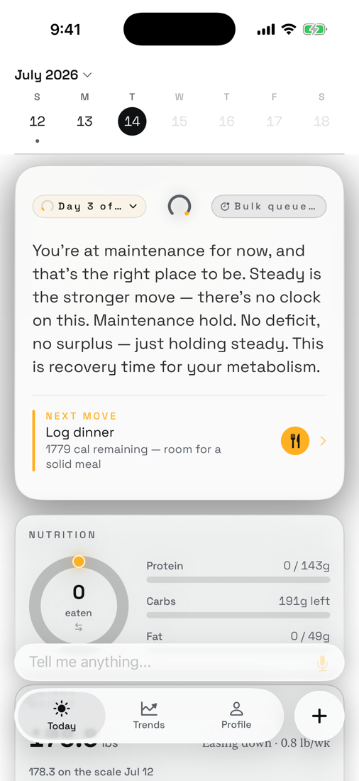 Dial's Today screen: an adaptive coach note, the day's next move, calorie and macro targets, and a weight trend
